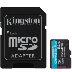KINGSTON micro SD card SDXC 64GB Canvas Go! PLUS class10 UHS-I U3 V30 A2 (+ 1x adapter microSD na SD) (pro SDXC zařízení)