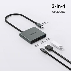 TP-LINK UH3020C Dokovací stanice 1x USB-C na 3 porty s HDMI 4K při 60 Hz, 100W Power Delivery, 1× datový port USB-A.